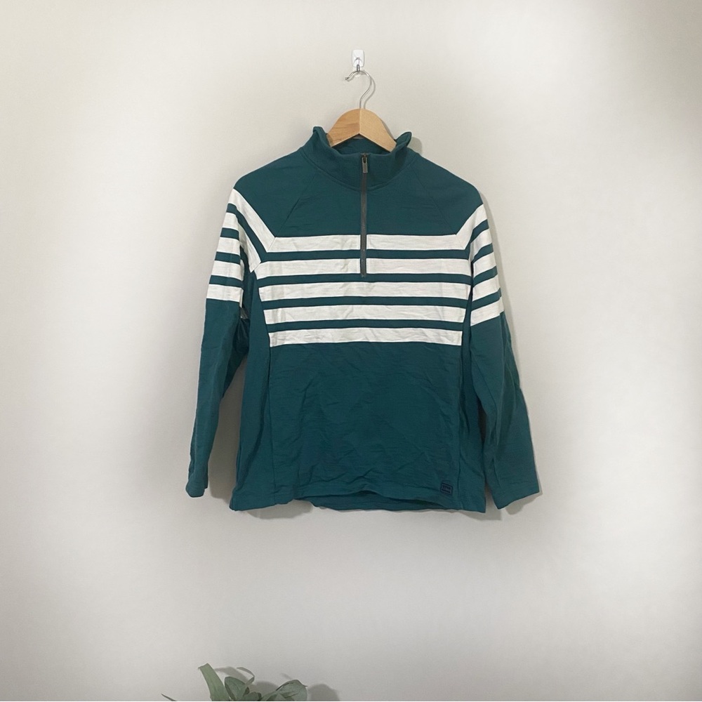[L.L. Bean] Teal Green & White Striped Pullover Quarter Zip Sweatshirt